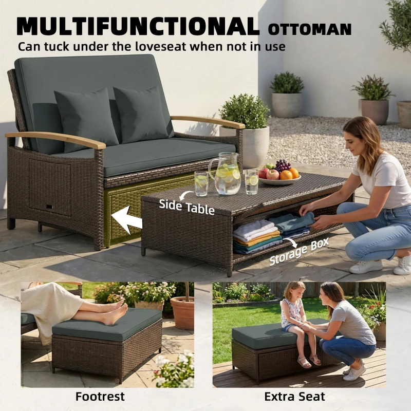 Outsunny Rattan Outdoor Daybed w/4-Level Adjustable Backrest, Patio Sofa Bed w/Storage Ottoman, Acacia Wood Armrest, Mixed Gray
