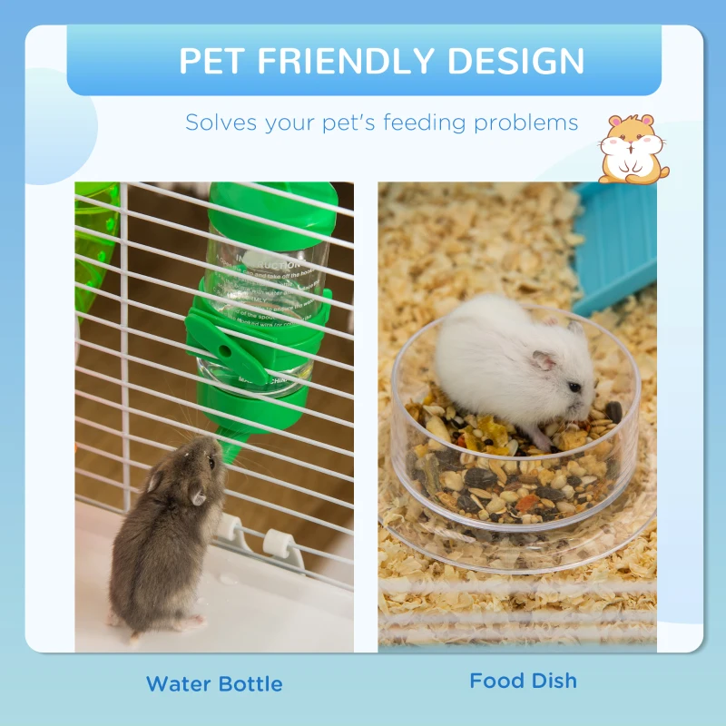 PawHut 3-Tier Large Hamster Cage with Tubes and Tunnels, Portable Carry Handles, Toy-Filled Steel Small Animal House, Includes Exercise Wheel, Water Bottle, Food Dish, 23" x 14" x 18.5", Light Blue