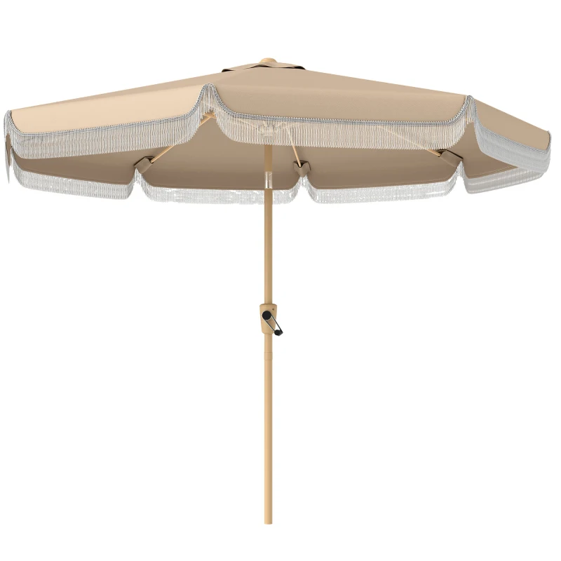 Outsunny 9 ft Patio Umbrella with Push Button Tilt and Crank, Fringed Outdoor Market Table Umbrella Parasol, Khaki