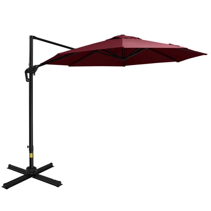 Outsunny 10ft Offset Patio Umbrella with Base, Hanging Aluminum and Steel Cantilever Umbrella with 360° Rotation, Easy Tilt, 8 Ribs, Crank, Cross Base for Poolside, Garden, Red