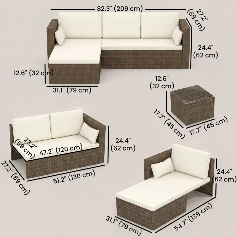 Outsunny 3pcs Modern Rattan Sofa Set, Wicker Patio Furniture Set with Coffee Table, Cushions, Pillows