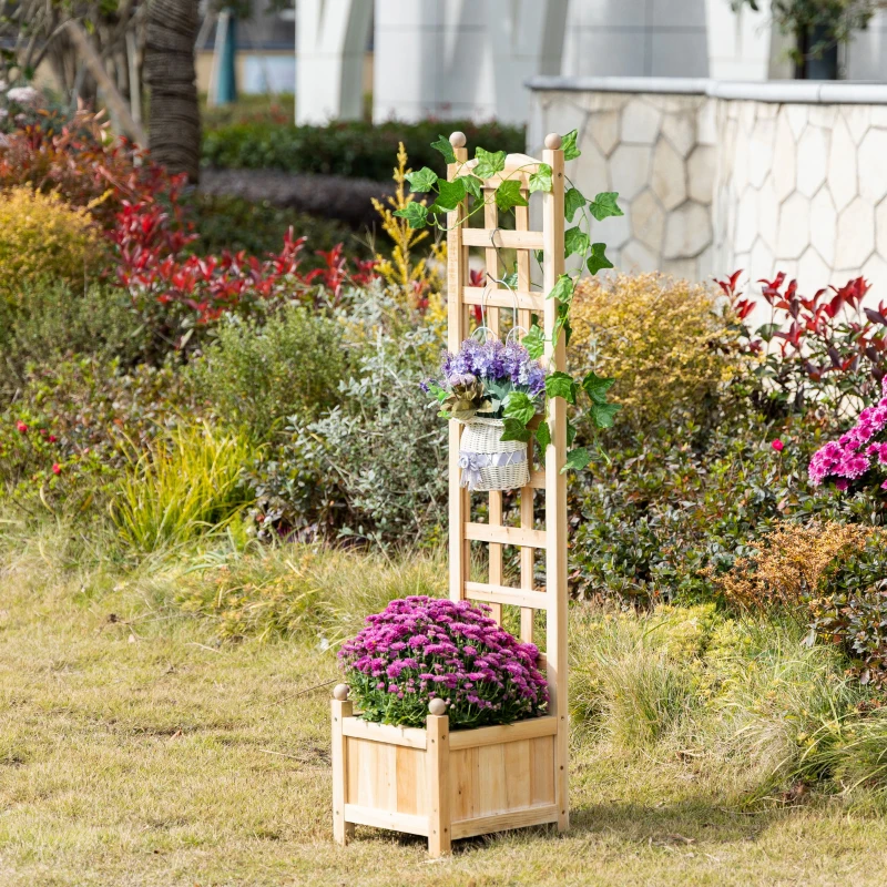 Outsunny Wooden Raised Garden Bed with Trellis, Outdoor Planter Box with Drainage Crevices for Climbing Vine Plants Flowers