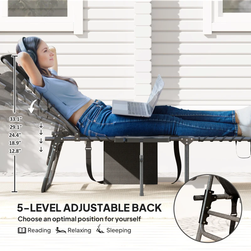 Outsunny Folding Outdoor Chaise Lounge Chair Tanning Chair with 5-Level Adjustable Back, Side Table, Pillow, Pocket, Black