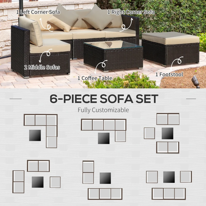 Outsunny 6 Piece Patio Furniture Set Outdoor Wicker Conversation Set All Weather PE Rattan Sectional Sofa Set with Ottoman, Cushions and Tempered Glass Table, Coffee and Beige