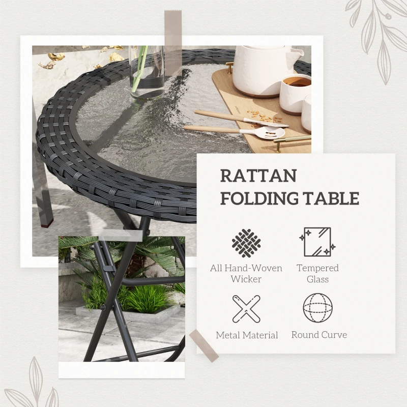 Outsunny Folding Round Tempered Glass Metal Table with Edging, Black