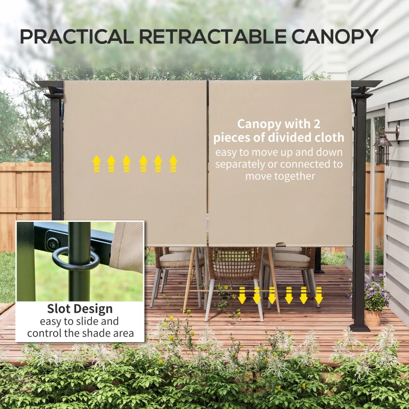 Outsunny 12' x 10' Outdoor Patio Gazebo Pergola with Retractable Canopy Roof, Steel Frame with Stakes, Light Brown