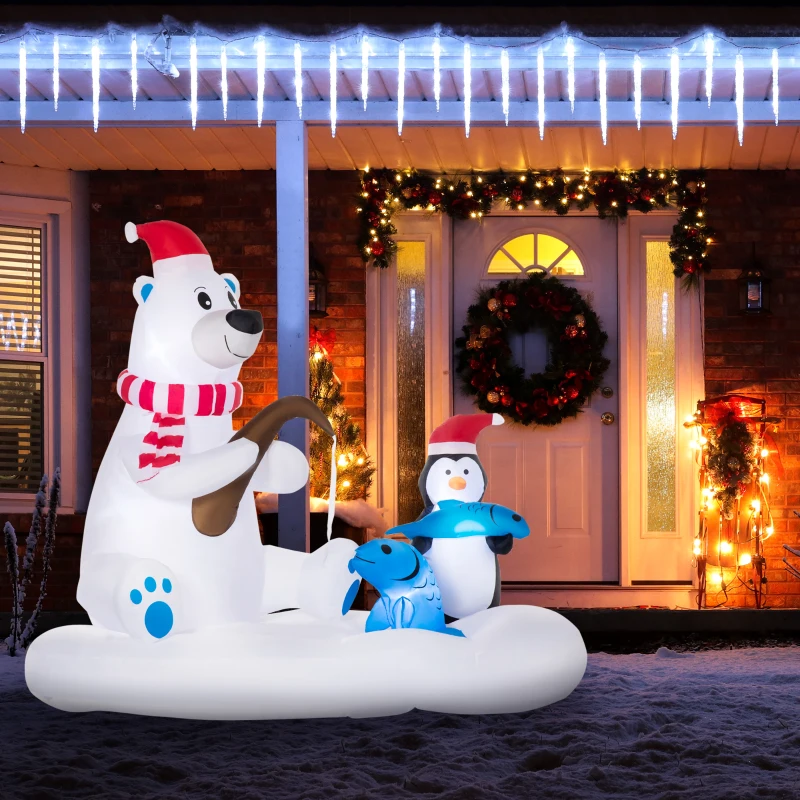 Outsunny 6ft Christmas Inflatables Outdoor Decorations Polar Bear and Penguin with Santa's Hat Fishing on Board, Blow-Up LED Yard Christmas Decor for Lawn Garden Party