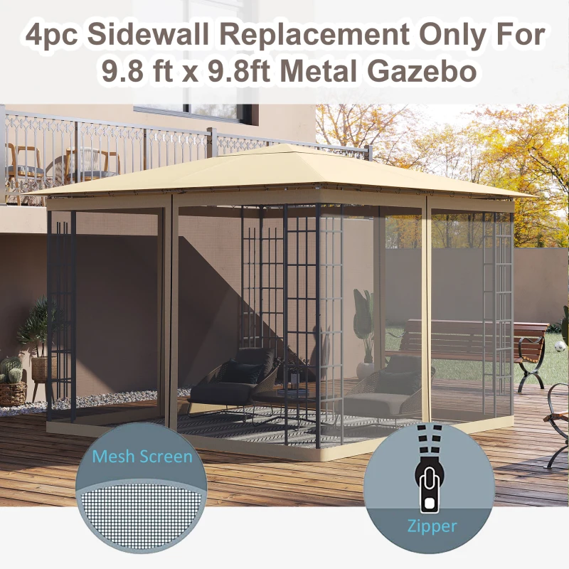 Outsunny Replacement Mesh Sidewall Netting for 10' x 10' Gazebos and Canopy Tents with Zippers, (Sidewall Only) Beige