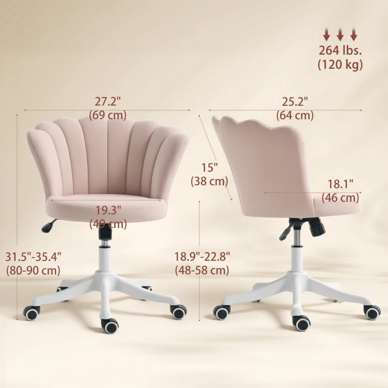 HOMCOM Office Chair, Armless Swivel Desk Chair with Adjustable Height, Backrest, Tilt Function for Office, Vanity, Pink