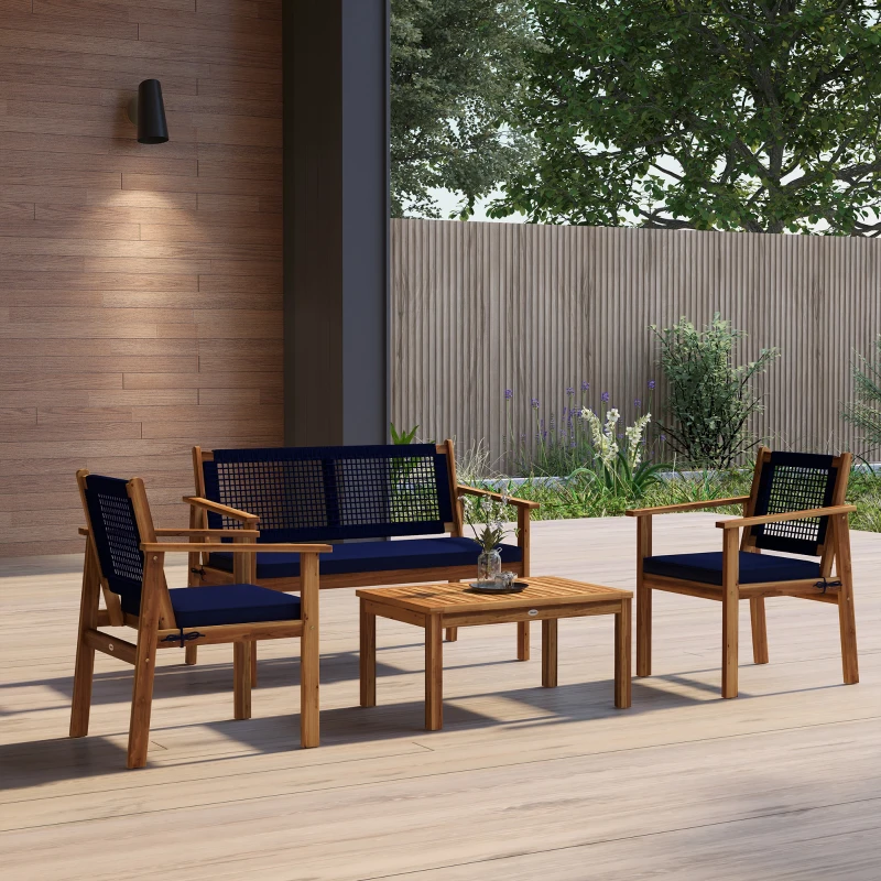 Outsunny 4 Piece Patio Sofa Set, Acacia Wood Outdoor Furniture with Cushions, Slatted Wood Top Coffee Table, Blue