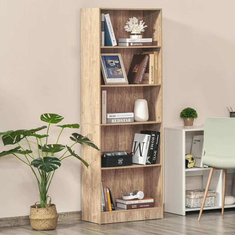 HOMCOM 5-Tier Bookcase, Storage Bookshelf with Adjustable Shelves, Display Shelves for Living Room, Home Office, Nature Wood