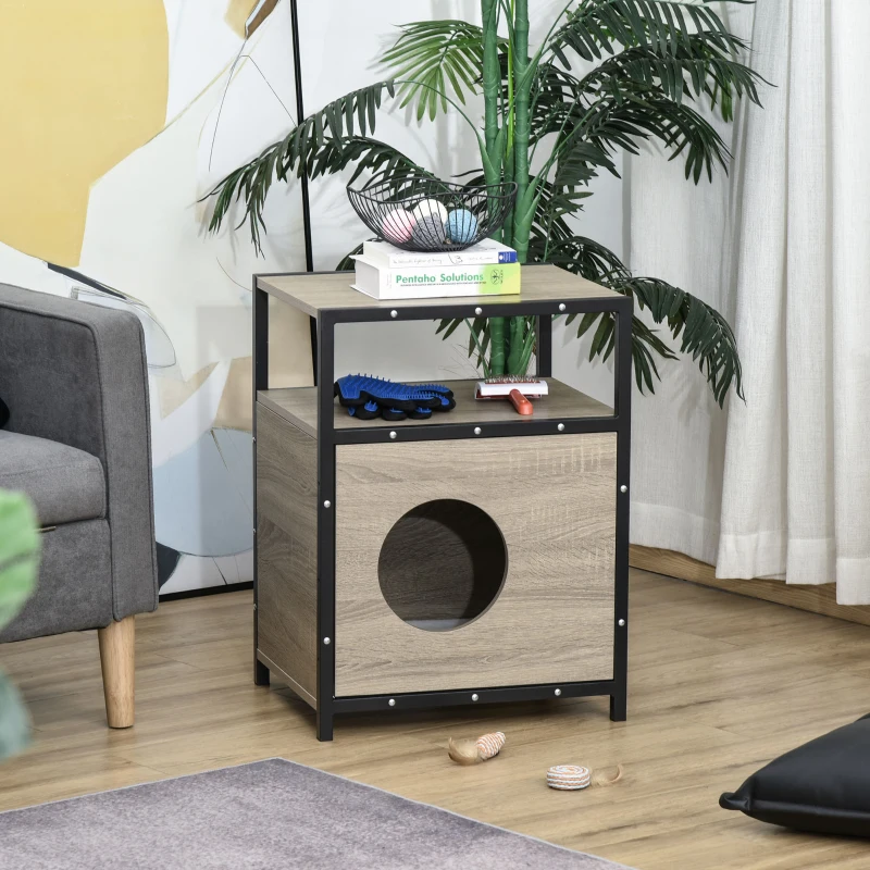 PawHut Wooden Cat House Kitten Condo Shelter Bed w/Soft Cushion Cat Litter Box Enclosure End Table Hideaway Cabinet Storage, Grey
