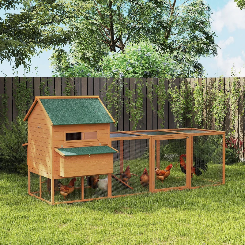 PawHut 137" Chicken Coop with Extra Large Run, Hen House, Wooden Rabbit Hutch Poultry Bunny Cage with Nesting Box,  Waterproof Roof for Backyard, for 4-6 Chickens, Orange