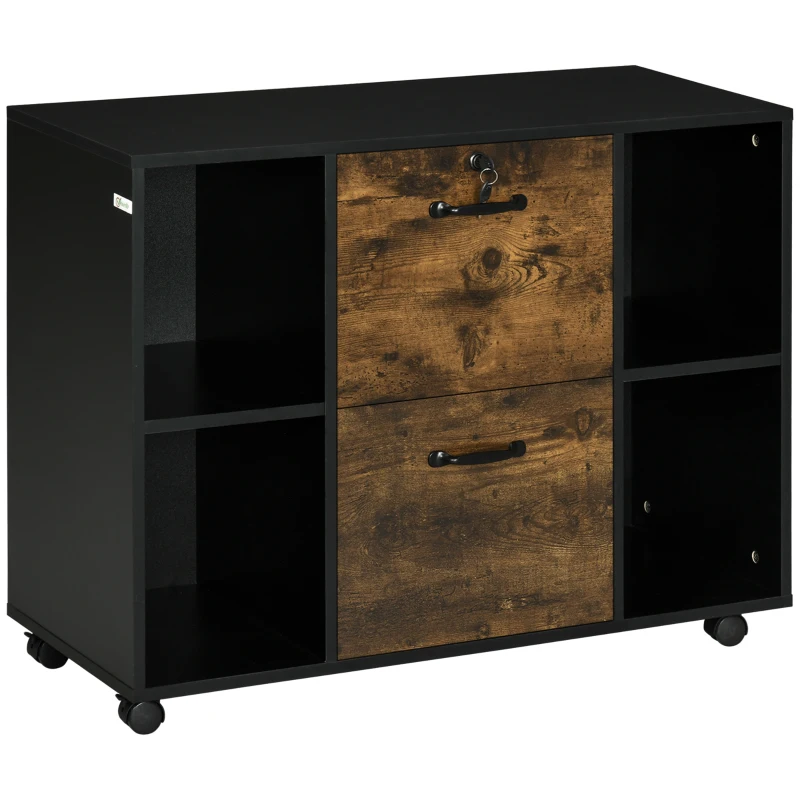 Vinsetto Lateral Filing Cabinet with Wheels and Lockable Drawer, File Cabinet, Mobile Printer Stand with Open Shelves for Letter and A4 Size Documents for Home Office, Rustic Brown