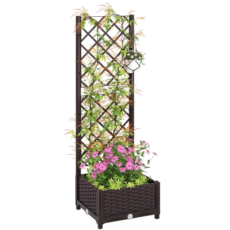 Outsunny Raised Garden Bed with Trellis, Plastic Raised Flower Bed with Drainage Holes and Drain Plugs, 16" x 16" x 48"