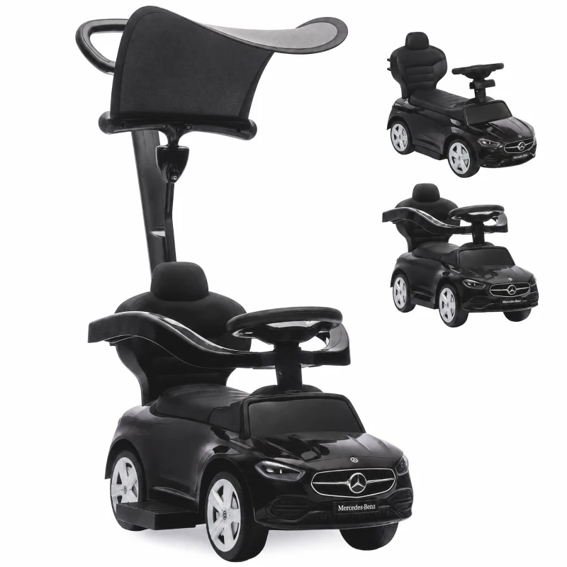 Qaba 3 in 1 Toddler Push Car Licensed Mercedes-Benz with Push Handle, Canopy, Guardrails, Horn, Music for 18-36 Months, Black