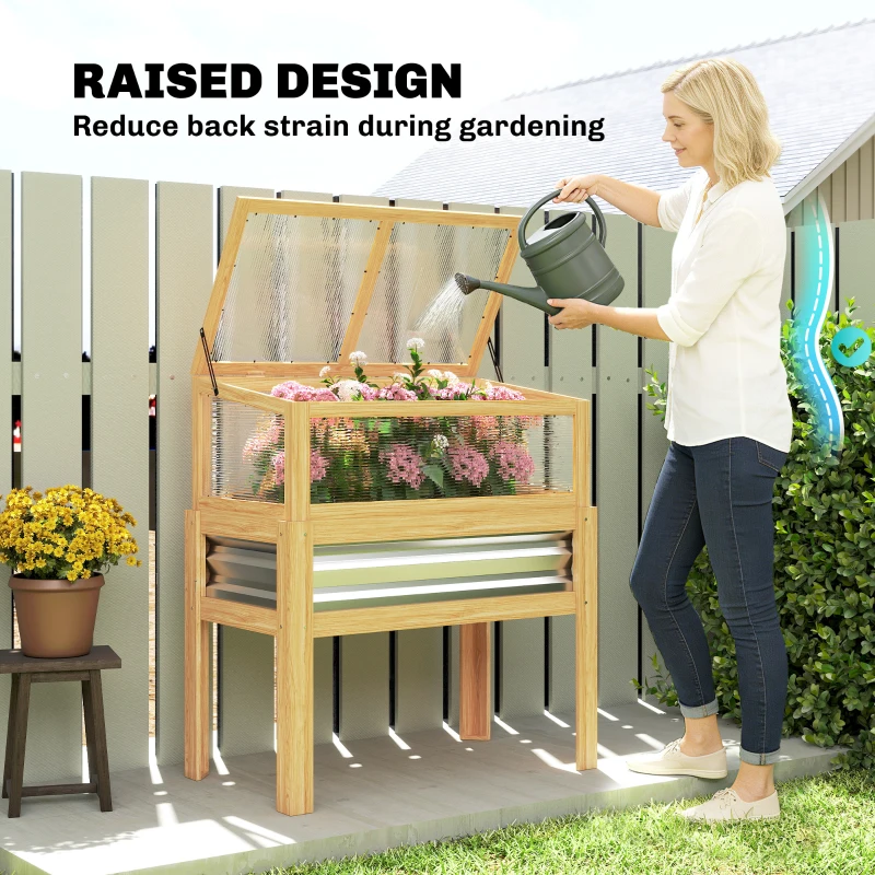 Outsunny Raised Garden Bed with Mini Greenhouse, Elevated Planter Box with Legs and Bed Liner for Flowers, Vegetables