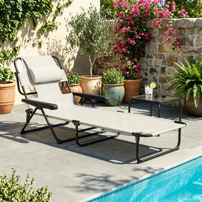 Outsunny Folding Lounge Chair w/ Reclining Back, Cream White