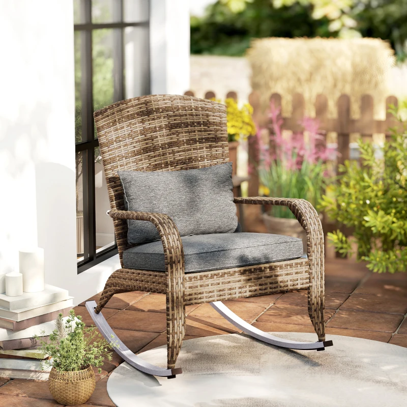 Outsunny Adirondack Chair, Outdoor Wicker Rocking Chair with High Back, Seat Cushion, and Pillow for Porch, Balcony, Gray