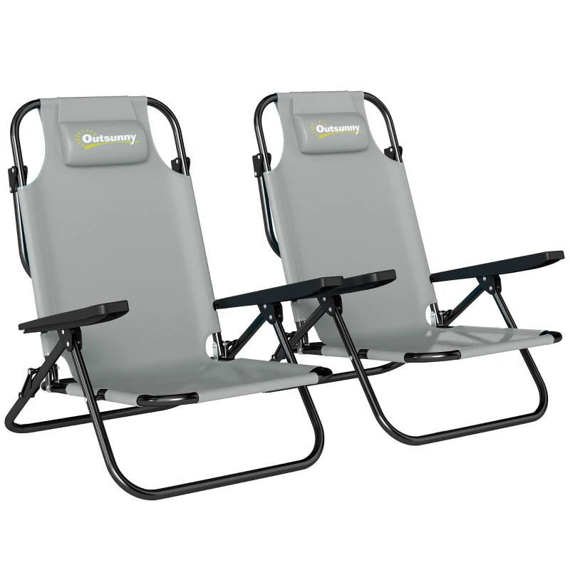 Outsunny Set of 2 Beach Chair 5-Position Adjustable Folding Camping Chair with Headrest Armrests Light Grey