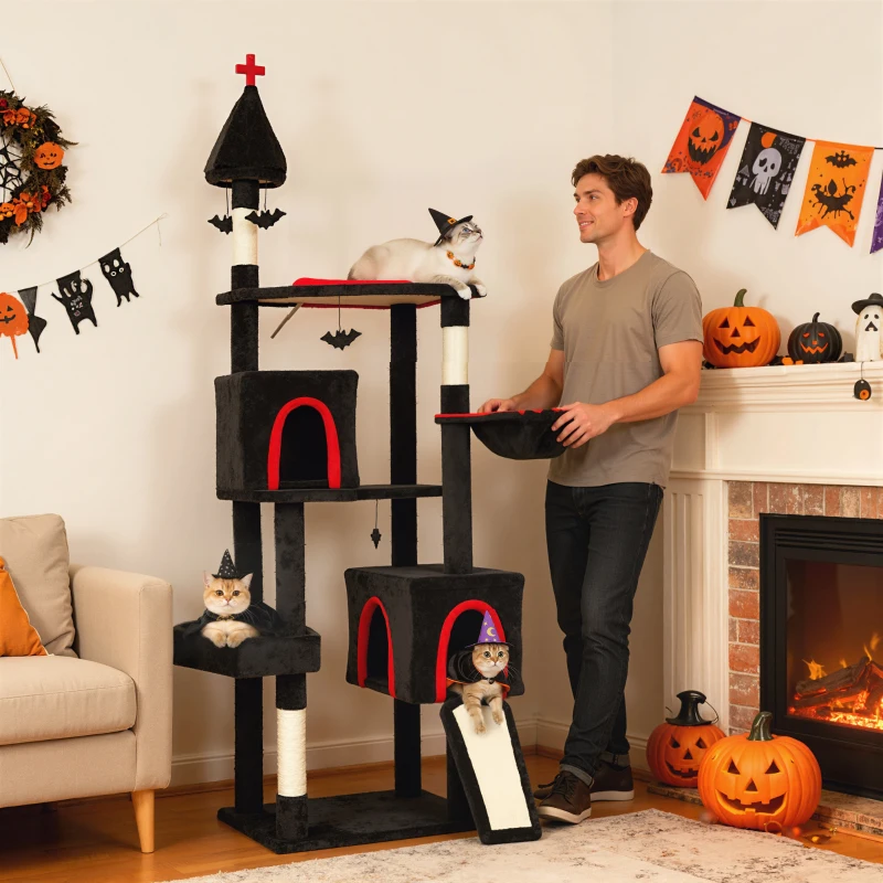 PawHut 78" Gothic Cat Tree, Cat Tower with Coffin Bed, 2 Spacious Condos, Sisal Scratching Posts, Bat Hanging Balls, Halloween