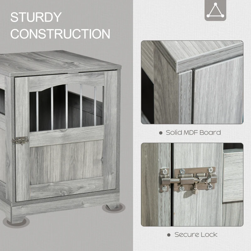 PawHut Furniture Style Dog Crate, Wooden End Table Pet Kennel with Lockable Door for Small Medium Dog Indoor Puppy Cage, Grey