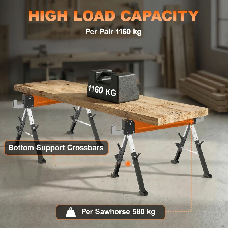 HOMCOM Saw Horses 2 Pack, Folding Heavy Duty Sawhorses with Adjustable Height and 2x6 Bracket, Carry Handle, Orange