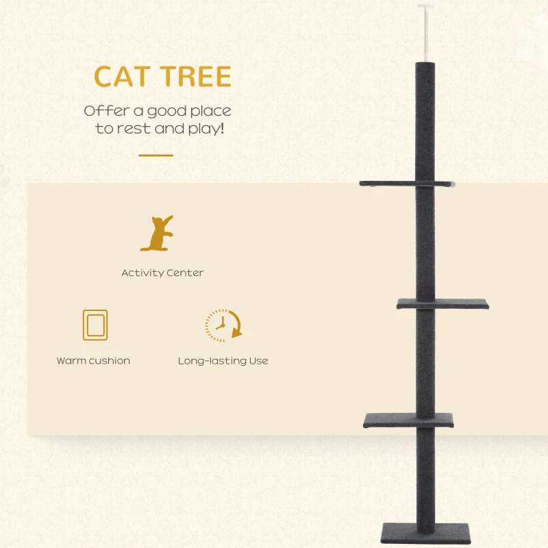 PawHut Floor-to-Ceiling Cat Tree Climbing Tower with Sisal-Covered Scratching Posts Natural Cat Tree Activity Center for Kittens Tower Furniture, Gray
