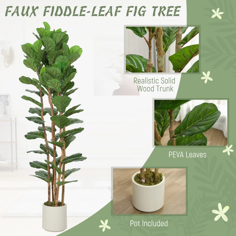 HOMCOM 6FT Artificial Fiddle Leaf Fig Tree Set of 2, Fake Potted Tree with Solid Wood Trunks for Indoor Decor, Green