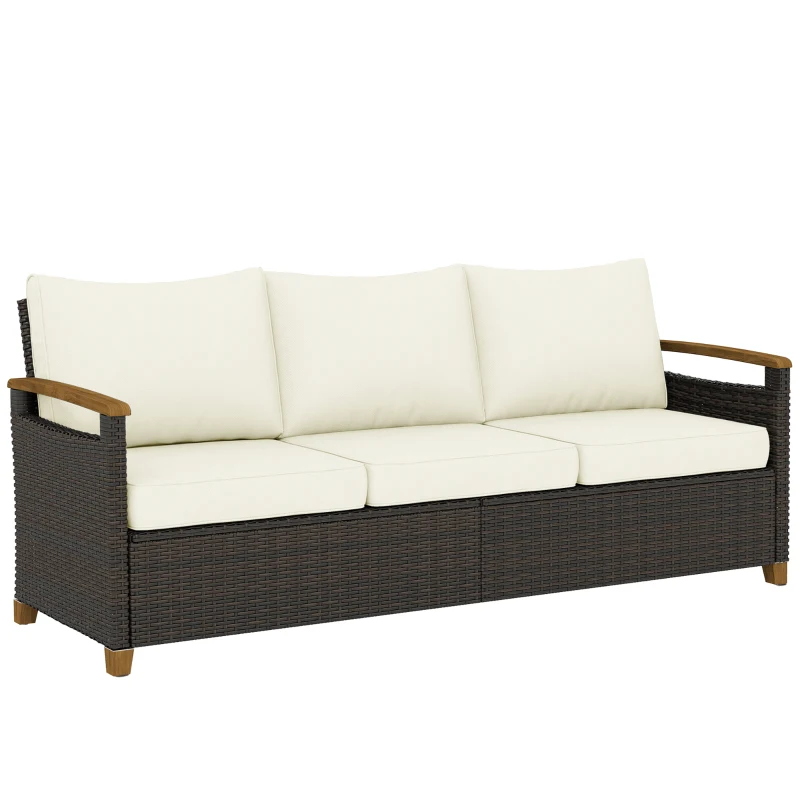 Outsunny 3 Seater Outdoor Couch Sofa, PE Wicker Patio Furniture Couch, Wide Seat, 4" Cushions, Wood-Effect Armrests, Cream White