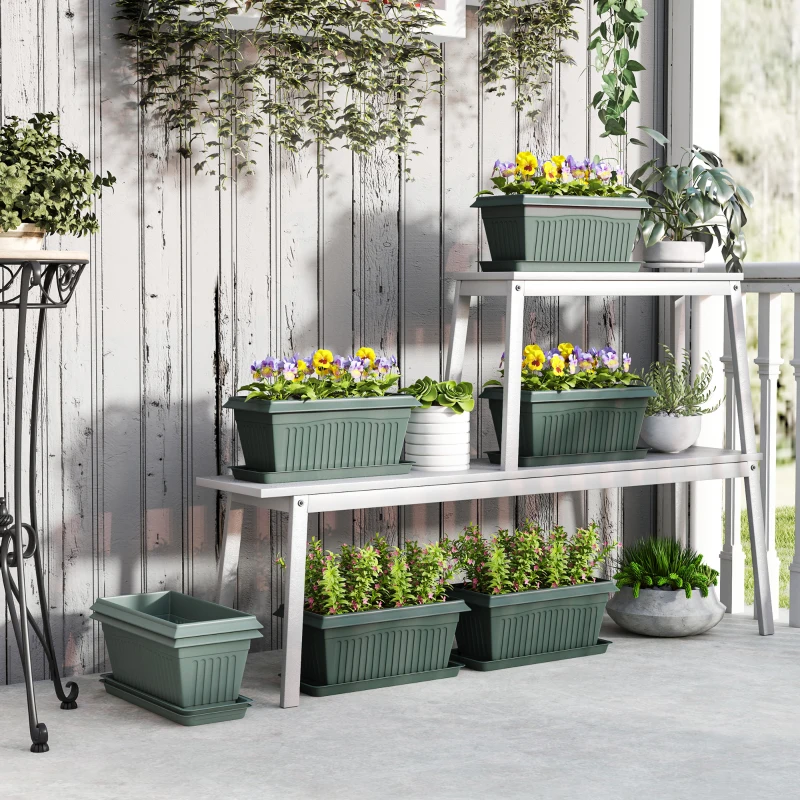 Outsunny 7 Pack 15.7" Plastic Flower Planters with Drainage Holes and Trays, Plant Pots for Indoor Outdoor Plants, Green