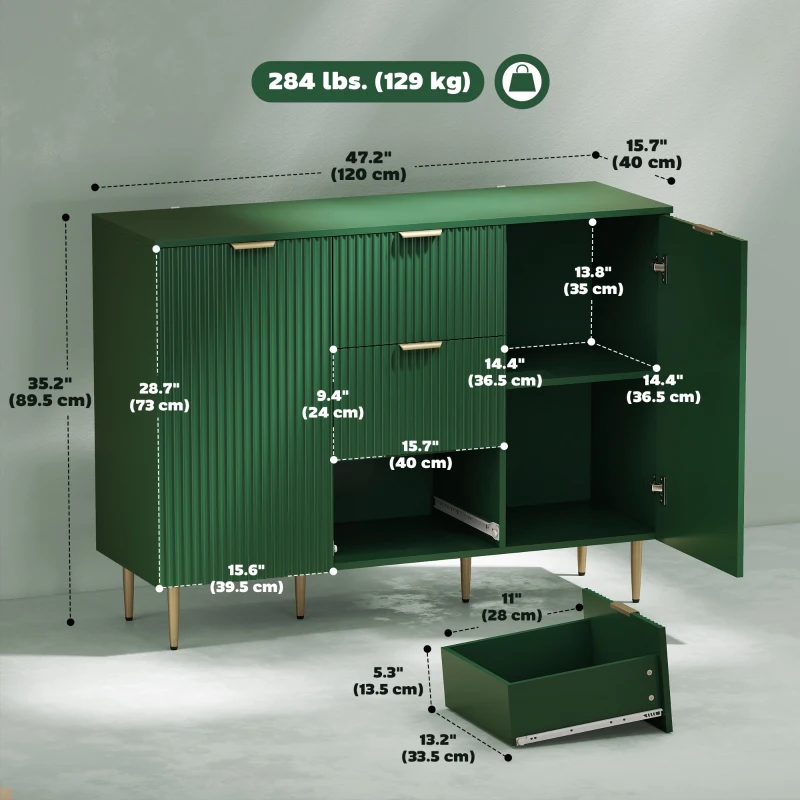 HOMCOM Modern Kitchen Storage Cabinet, Sideboard Buffet Cabinet w/ 3 Drawers and Adjustable Shelves for Kitchen Hallway, Green
