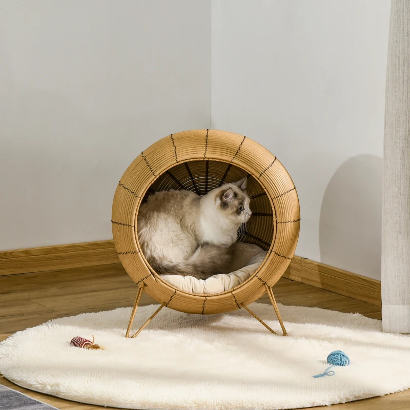 PawHut 20.5" Rattan Cat Bed, Wicker Elevated Round Condo for Comfort and Circulation with Cushion