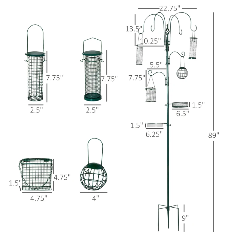 PawHut 6 Hook Feeding Station, Steel Multi-Feeder Kit Stand with 4 Bird Feeders, Mesh Tray, Water Dish and 4-Prong Base, Green