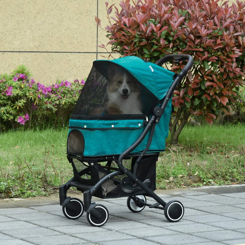 PawHut Travel Pet Stroller for Dogs, Cats, One-Click Fold Jogger Pushchair with Aluminum Frame, EVA Wheels, Brakes, Basket Storage, Safety Belts, Adjustable Canopy, Zippered Mesh Window Door, Blue