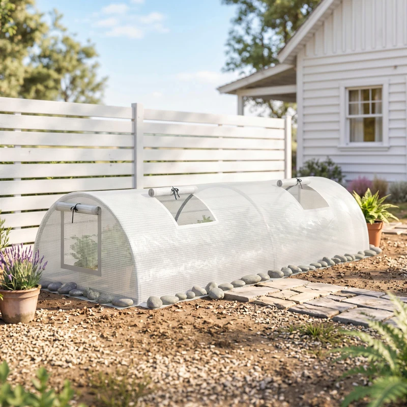Outsunny Portable Mini Greenhouse, Tunnel Growing Tent with 5 Mesh Windows and Steel Frame,7' x 3' x 2', White