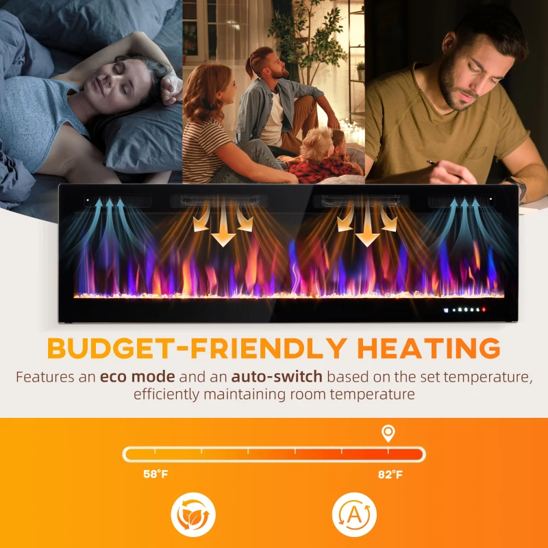 HOMCOM 60" Electric Fireplace Recessed and Wall Mounted, 1500W Ultra-thin with Adjustable Flame, Crystal, Black