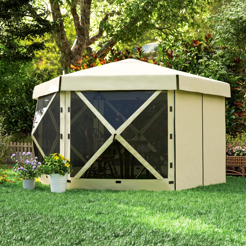 Outsunny 12' x 12' Hexagonal Pop Up Gazebo Canopy Tent with 5 Sidewalls, Outdoor Canopy Shelter with Carry Bag, Beige