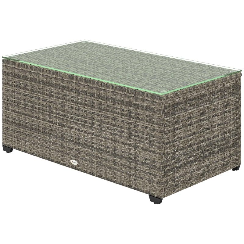 Outsunny Wicker Outdoor Coffee Table, PE Wicker Rectangular Patio Table with Tempered Glass Top for Garden, Balcony, Dark Grey