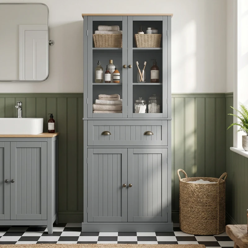 HOMCOM 72" Freestanding Kitchen Pantry Cabinet, Tall Storage Cabinet with Glass Doors, Drawer and Adjustable Shelves for Dining Room, Grey