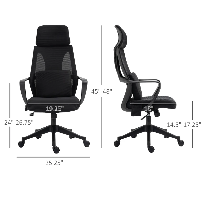 Vinsetto Ergonomic Home Office Mesh Desk Chairs, Computer Task Chair with Massage Lumbar Cushion, Adjustable Seat & Headrest, Rocking Function, Black