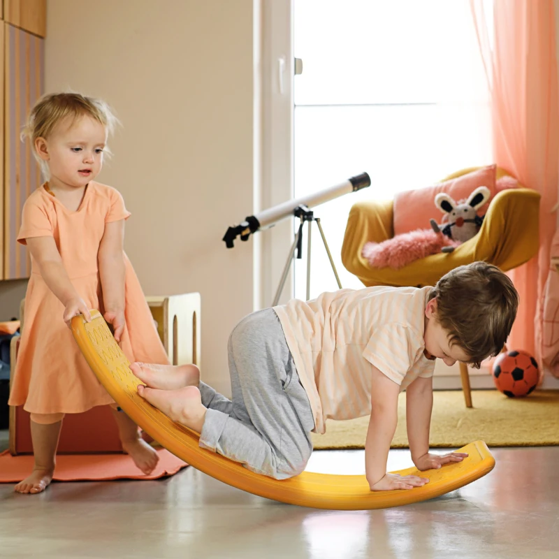 Qaba 32.3" Balance Board, Wobble Board Kids Curvy Rocker Board, Ended Preschool Learning Montessori Waldorf Toy, Yellow