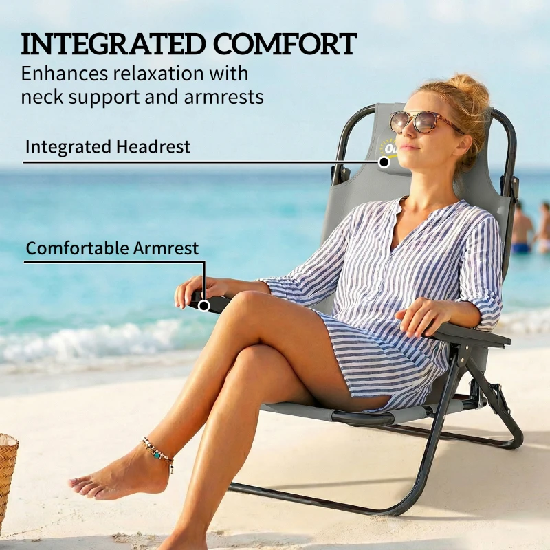 Outsunny Set of 2 Beach Chair 5-Position Adjustable Folding Camping Chair with Headrest Armrests Light Grey