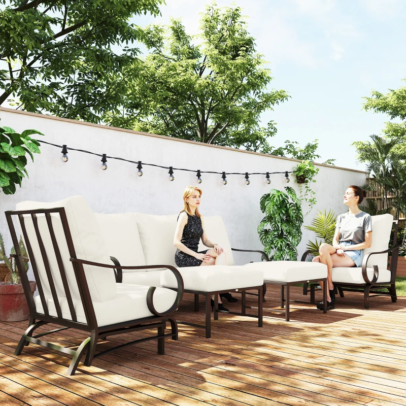 Outsunny 5 Piece Backyard Patio Furniture Set, Outdoor Furniture Set with 2 Rocking Chairs, 3-Seat Sofa, and 2 Ottomans, Beige