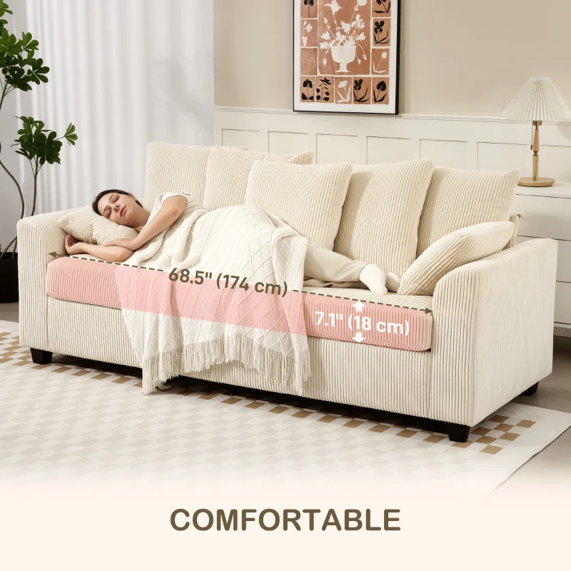 HOMCOM Corduroy Couch, 3 Seater Sofa, Modern Upholstered Couch with Curved Armrests and 8 Removable Pillows, Beige