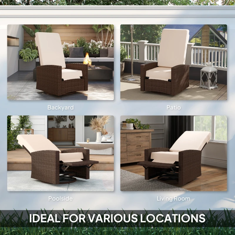 Outsunny Outdoor Wicker Swivel Recliner Chair, Lifting Footrest, 360° Rotating Basic, Water-resistant Cushions, Cream White