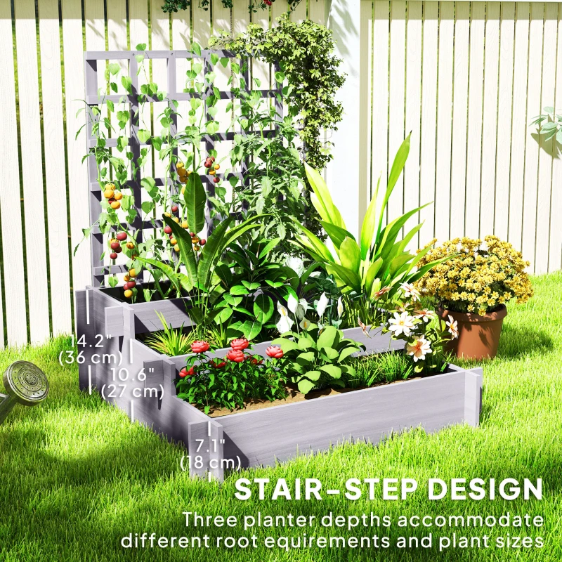 Outsunny Wooden Elevated Planter Box with Trellis for Climbing Plants, 3 Tier Raised Garden Bed for Garden, Outdoor, Grey