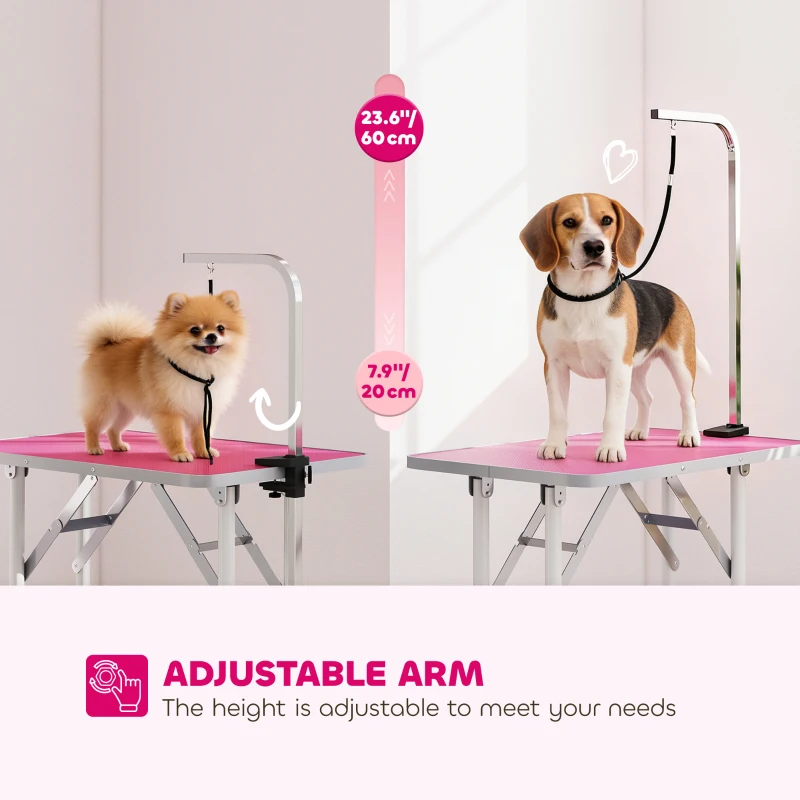 PawHut Foldable Pet Grooming Table for Dogs Cats with Adjustable Arm, Non-slip Surface, Pink