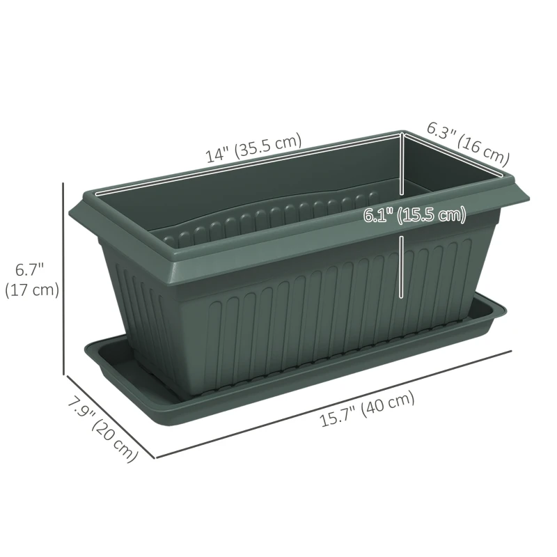 Outsunny 7 Pack 15.7" Plastic Flower Planters with Drainage Holes and Trays, Plant Pots for Indoor Outdoor Plants, Green