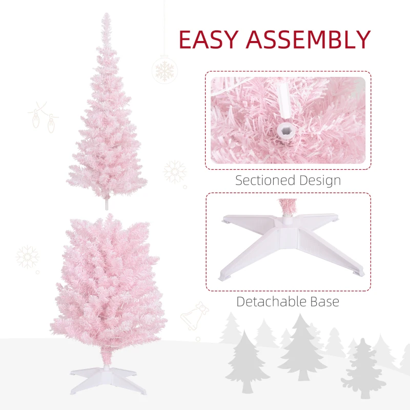HOMCOM 5ft Pencil Christmas Tree, Slim Artificial Christmas Tree with Snow Flocked Branches and Warm White LED Lights, Pink